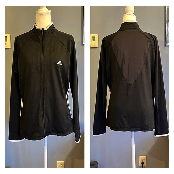 ADIDAS WOMEN’S LOGO SPORTY ZIP JACKET L THREE STRIPE Black White - Picture 2 of 7